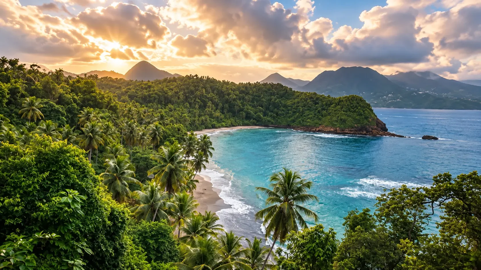 Transfert vers la Dominique : côte tropicale luxuriante et mer turquoise au lever du soleil